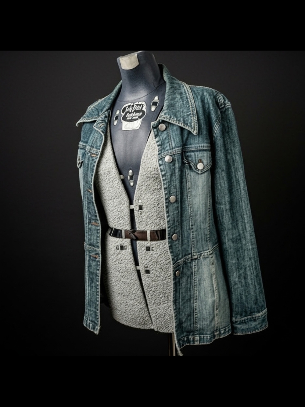 Vintage Y2K STATIC Distressed Stonewash Denim Jacket Contoured Stretch Large